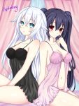  2girls aqua_eyes artist_name bare_shoulders black_hair black_heart blush breasts collarbone commentary eyebrows_visible_through_hair hair_between_eyes highres holding holding_hair lingerie long_hair looking_at_viewer medium_breasts multiple_girls navel neptune_(series) noire panties pink_panties power_symbol red_eyes shiny shiny_skin smile spleeny symbol-shaped_pupils twintails underwear very_long_hair white_hair 