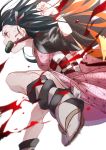  1girl anger_vein angry asa_no_ha_(pattern) bamboo bit_gag black_hair blood brown_jacket checkered_obi clenched_hand gag hair_ribbon hana_(h6n6_matsu) haori highres jacket japanese_clothes kamado_nezuko kicking kimetsu_no_yaiba kimono long_hair looking_to_the_side obi pink_kimono pink_ribbon profile ribbon sandals sash simple_background socks solo veins white_background white_legwear 