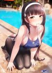  bangs bare_shoulders black_hair black_legwear blue_swimsuit blunt_bangs blush breasts cleavage collarbone competition_swimsuit girls_frontline hairband highres large_breasts long_hair looking_at_viewer one-piece_swimsuit pantyhose qbz-95_(girls_frontline) shirosaba solo swimsuit white_hairband yellow_eyes 