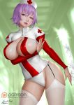  1girl ariverkao ass_visible_through_thighs bangs breasts breasts_outside dated garter_straps hat large_breasts lips long_sleeves looking_at_viewer nurse_cap original parted_lips patreon_logo puffy_long_sleeves puffy_sleeves purple_eyes purple_hair short_hair signature solo standing thighhighs white_legwear 