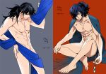 2boys abs bangs barefoot bed_sheet black_hair convenient_leg fate/grand_order fate_(series) hair_over_one_eye hand_on_hip kiseru long_hair looking_at_viewer male_focus measurements multiple_boys muscle naked_sheet navel nipples nude okada_izou_(fate) pipe ponytail sakamoto_ryouma_(fate) simple_background sitting standing two-tone_background yellow_eyes yococco 