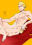  1boy abs crossed_legs fate_(series) gilgamesh goblet groin hair_slicked_back highres holding looking_at_viewer nipples nude orange_background parted_lips red_eyes simple_background solo yococco 