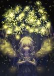  1girl closed_mouth collarbone fireflies hands_together lantern long_hair long_sleeves looking_at_viewer original outdoors plant rabbit_monster red_eyes sidelocks smile solo standing tree wings 