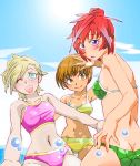  ass blue_eyes breasts closed_mouth graphite_(medium) lipstick lisa_silverman looking_at_viewer makeup millipen_(medium) multiple_girls onnaski open_mouth persona persona_2 persona_4 satonaka_chie serizawa_ulala short_hair smile swimsuit traditional_media 