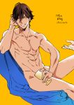  1boy brown_hair dark_skin dark_skinned_male earrings fate_(series) goblet grin highres holding jewelry looking_at_viewer male_focus nude orange_background ozymandias_(fate) simple_background sitting smile solo yellow_eyes yococco 