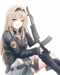  1girl an-94_(girls_frontline) bag bangs black_footwear black_gloves blonde_hair boots girls_frontline gloves green_eyes gun hairband highres leonardo_566 long_hair looking_at_viewer military military_jacket military_operator military_uniform rifle shorts sitting sitting_on_lap sitting_on_person solo uniform weapon white_background 