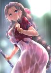  aerith_gainsborough ass blue_eyes bracelet breasts brown_hair commentary_request dress final_fantasy final_fantasy_vii highres jewelry large_breasts long_hair looking_at_viewer nipples panties rain see-through short_sleeves toenketsu underwear wet wet_clothes wet_dress wet_hair white_dress 