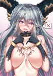  1girl aqua_hair bangs blush braid breasts cenangam curled_horns fate/grand_order fate_(series) hair_between_eyes highres large_breasts long_hair long_horns looking_at_viewer open_mouth pink_eyes pointy_ears symbol-shaped_pupils tattoo tiamat_(fate/grand_order) very_long_hair x_x 