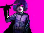  1girl belt bob_cut cape gloves highres hit-girl kick-ass knife looking_at_viewer mask open_mouth purple_hair ritsu_(roboroboro) short_hair simple_background skirt solo 