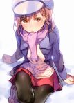  1girl absurdres arms_at_sides black_legwear blue_jacket blush brown_eyes brown_footwear brown_hair closed_mouth dsmile eyebrows_visible_through_hair hat highres jacket long_sleeves looking_at_viewer misaka_mikoto pantyhose purple_scarf red_skirt scarf short_hair sitting skirt solo to_aru_kagaku_no_railgun to_aru_majutsu_no_index white_headwear 