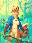  anthro black_nose bottomless breasts canid canine claws clothed clothing dress_shirt featureless_crotch female flower forest fox hair jewelry juno_lilikoi mammal necklace nipples open_shirt plant scale_(artist) shirt solo topwear tree 