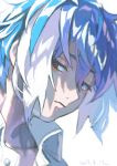  1boy blue_hair closed_mouth collarbone dated face male_focus matsudappoiyo multicolored multicolored_hair rabbit_monster red_eyes shaded_face simple_background solo upper_body utau white_background white_hair 