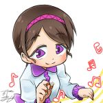  1girl avatar_icon beamed_eighth_notes beamed_sixteenth_notes brown_hair chamaji collared_shirt commentary eighth_note eyebrows_visible_through_hair hairband long_sleeves looking_at_viewer lowres musical_note plectrum purple_hairband shirt short_hair signature sixteenth_note smile solo staff_(music) striped_headband touhou tsukumo_yatsuhashi upper_body white_background 