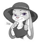  2016 anthro cheek_tuft clothed clothing disney ears_down facial_tuft fur grey_body grey_fur hat headgear headwear judy_hopps lagomorph leporid low_res mammal pink_nose pivoted_ears purple_eyes rabbit s-dash simple_background smile solo tuft white_background zootopia 