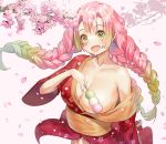  1girl absurdres bare_shoulders blush braid breasts cherry_blossoms cleavage collarbone commentary dango food gradient_hair green_eyes green_hair highres holding holding_food japanese_clothes kanroji_mitsuri kian kimetsu_no_yaiba kimono large_breasts long_hair long_sleeves looking_at_viewer mole mole_under_eye multicolored_hair off-shoulder_kimono open_mouth pink_hair red_kimono smile solo two-tone_hair wagashi 