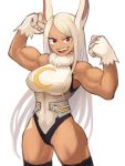  1girl :d abs animal_ears armpits arms_up bare_arms bare_shoulders boku_no_hero_academia breasts bunny_ears dark_skin eyelashes fang fur_collar gloves highleg highleg_leotard highres impossible_clothes impossible_leotard korean_commentary large_breasts leotard long_hair looking_at_viewer muscle muscular_female open_mouth red_eyes simple_background smile solo sookmo standing teeth thighhighs thighs toned usagiyama_rumi v-shaped_eyebrows white_background white_gloves white_hair 