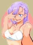  1girl blue_eyes breasts cleavage commentary_request covered_nipples dagashi_kashi graphite_(medium) looking_at_viewer millipen_(medium) onnaski open_mouth purple_hair ringed_eyes shidare_hotaru short_hair smile solo swimsuit tan tanline traditional_media 