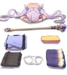  1girl bangs blue_kimono bow clothes_removed dogeza evasong folded_clothes hair_ribbon hikawa_kyouka japanese_clothes kimono long_hair nude panties pee_stain princess_connect! princess_connect!_re:dive purple_hair ribbon staff stained_panties underwear 