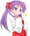  1girl alternate_costume bangs blush bow hair_bow hakama highres hiiragi_kagami japanese_clothes kemu_(guruguru_dan) long_hair long_sleeves looking_at_viewer lucky_star miko notice_lines parted_lips purple_eyes purple_hair red_bow red_hakama shirt simple_background solo standing twintails white_background white_shirt wide_sleeves 