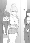  1boy 2girls ? age_difference bangs bikini_removed blush breasts cleavage collarbone curtains embarrassed eyebrows_visible_through_hair faceless faceless_female fitting_room formal full-face_blush greyscale hair_bun hair_bun_onee-san_(sky_(freedom)) highres jewelry large_breasts monochrome multiple_girls necklace nervous original pant_suit pleated_skirt skirt sky_(freedom) smile suit 