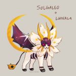  character_name commentary creature english_commentary fangs full_body fusion gen_7_pokemon grey_background lunala no_humans pokemon pokemon_(creature) purple_eyes signature simple_background solgaleo solo spaded-square 