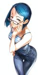  1girl adjusting_eyewear bangs black_lagoon blue_hair breasts brown_eyes camisole commentary_request denim forehead glasses hair_ornament hairclip hand_on_hip hiroe_rei jeans leaning_forward li_xinlin lips looking_at_viewer nose pants red-framed_eyewear short_hair small_breasts solo swept_bangs thigh_gap white_background 