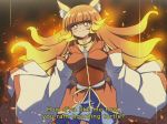  1990s_(style) 1girl absurdres animal_ear_fluff animal_ears bangs big_hair blue_eyes blunt_bangs blush breasts closed_mouth criis-chan fake_screenshot fire firefox fox_ears fox_tail highres long_hair merryweather oldschool solo subtitled tail 