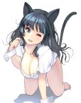  1girl ;d all_fours animal_ears barefoot black_hair blue_eyes breasts cat_ears cat_tail cleavage fangs head_tilt highres large_breasts long_hair looking_at_viewer masao one_eye_closed open_mouth original revision simple_background smile solo tail tail_raised white_background wrist_cuffs 