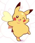  :3 :d artsy-rc commentary english_commentary full_body highres looking_at_viewer no_humans open_mouth pikachu pokemon pokemon_(creature) signature smile standing standing_on_one_leg white_background zoom_layer 