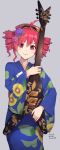  1girl ahoge blue_kimono blush commentary cowboy_shot dated drill_hair electric_guitar floral_print flower grey_background guitar hair_flower hair_ornament highres holding holding_instrument hydrangea instrument japanese_clothes kasane_teto kimono lipstick looking_at_viewer makeup red_eyes red_hair sarasa_(kanbi) signature smile solo standing sunflower sunflower_print twin_drills utau 