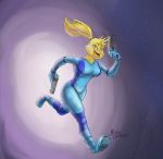  5_fingers anthro avian beak breasts chica_(fnaf) clothing dual_wielding female fingers five_nights_at_freddy&#039;s freddy_in_space_2 gun hair hi_res holding_gun holding_object holding_weapon inkart_flow metroid nintendo open_mouth ponytail purple_eyes ranged_weapon running solo space tight_clothing video_games weapon yellow_body zero_suit 
