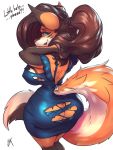  2019 3:4 anthro big_breasts big_butt blush breasts brown_hair butt canid canine clothing dialogue dress fox fur hair looking_back mammal orange_body orange_fur ponytail rear_view simple_background smile solo thefuckingdevil torn_clothing white_background wide_hips zipper 