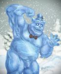  anthro blue_body bow_tie bulge clothing elemental_creature freddy_frostbear hat headgear headwear hi_res holding_object holly_(plant) ice ice_creature icicle inkart_flow looking_at_viewer male mammal mineral_fauna musclegut nipples no_pupils open_mouth pawpads plant snow solo teeth top_hat ursid 