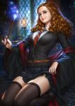  1girl absurdres alternate_legwear black_cardigan black_cloak black_legwear blurry blurry_background breasts brown_eyes brown_hair candle cardigan cloak dress_shirt glowing hair_strand harry_potter hermione_granger highres holding holding_wand large_breasts light_smile lips long_hair looking_at_viewer magic necktie nudtawut_thongmai red_stripes school_uniform seiza shirt signature sitting skirt skirt_lift smile solo sparkle striped striped_neckwear sweater thighhighs thighs wand wariza wavy_hair white_shirt window yellow_stripe 