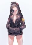  1girl absurdres black_jacket breasts brown_eyes girls_frontline grey_hair highres hood hoodie irikawa jacket long_hair looking_at_viewer medium_breasts no_shirt open_clothes open_jacket open_mouth scar scar_across_eye shorts solo ump45_(girls_frontline) white_background 