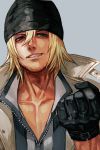  1boy beanie black_gloves blonde_hair blue_eyes clenched_hands coat facial_hair final_fantasy final_fantasy_xiii gloves grey_background grey_shirt hair_between_eyes hankuri hat looking_at_viewer male_focus open_clothes open_shirt parted_lips shirt simple_background smile snow_villiers solo striped striped_shirt stubble upper_body 