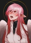  1girl :o absurdres ahoge angel_wings bangs black_background black_bodysuit blush bodysuit commentary drooling english_commentary eyebrows_visible_through_hair hair_between_eyes heart heart_in_eye highres less long_hair looking_away looking_up original pointy_ears red_eyes red_hair saliva shirt sidelocks simple_background solo symbol_in_eye upper_body white_shirt wings 
