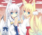  2girls animal_ears aqua_eyes bell blonde_hair blush braids cat_smile cropped fang foxgirl gradient japanese_clothes long_hair miko minatsukikou original tail white_hair 