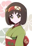  1girl :&gt; artsy-rc bangs brown_eyes brown_hair closed_mouth commentary copyright_request floral_print from_side green_kimono hairband highres japanese_clothes kimono looking_at_viewer looking_to_the_side obi red_sash sash short_hair signature smile solo symbol_commentary 