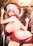  1girl absurdres after_sex against_window ass azur_lane back backless_outfit belfast_(azur_lane) bent_over black_panties blush breasts christmas city commentary cowboy_shot cum cum_on_body cum_on_lower_body cumdrip drooling eyebrows_visible_through_hair glass hair_between_eyes hat highres indoors lactation large_breasts leaning_forward long_hair looking_at_viewer looking_back meme_attire nail_polish night nipples open_mouth otomaro_(rkhu8433) panties panty_pull purple_eyes red_headwear red_nails red_sweater saliva santa_hat silhouette silver_hair skindentation solo sweater tareme thighs trembling underwear virgin_killer_sweater window 