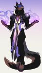  5_fingers anthro black_body black_fur black_nose brown_body brown_fur claws clothed clothing fingers floating fur gradient_background hi_res magic male multi_ear pawpads paws simple_background smooshkin teeth 