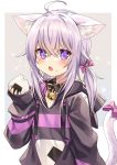  1girl ahoge alternate_hair_length alternate_hairstyle animal_ear_fluff animal_ears bangs blush bow cat_ears cat_girl cat_tail commentary eating fang food food_on_face food_print highres holding holding_food hololive hood hoodie ks long_hair long_sleeves looking_at_viewer low_twintails nekomata_okayu onigiri open_mouth purple_eyes purple_hair red_bow rice rice_on_face solo tail tail_bow twintails upper_body virtual_youtuber younger 