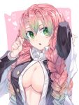  :0 bangs breasts cleavage gradient_hair green_eyes green_hair hair_between_eyes heart kanroji_mitsuri kimetsu_no_yaiba large_breasts looking_at_viewer multicolored_hair nagaya_(nagayou) open_clothes pink_hair two-tone_hair 