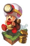  backpack bag belt brown_pants full_body gold gold_coin grass hankuri hat mario_(series) mushroom_hat open_mouth pants red_footwear running shoes simple_background solo toad white_background 