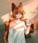  1girl absurdres animal_ears blush breasts brown_hair cat_ears cat_tail closed_mouth coffee_mug collarbone couch cup eyebrows_visible_through_hair green_eyes highres holding holding_cup kumaartsu looking_at_viewer medium_breasts mug original shirt short_hair smile solo tail white_shirt 
