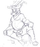  anthro antlers balls bottomless cervid clothed clothing eyebrows eyewear fur furfragged genitals glans glasses hair horn line_art male mammal penis shirt simple_background sitting slightly_chubby smile solo t-shirt topwear unnamed_old_deer_(furfragged) white_background 