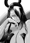  1girl asymmetrical_bangs bangs breasts chin_rest cleavage commentary_request eyelashes greyscale hair_over_one_eye halo large_breasts long_hair marimo_(yousei_ranbu) metal_skin monochrome seth_(street_fighter) smile solo street_fighter street_fighter_v upper_body 