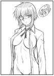  artist_name bangs blush border bottomless breasts breasts_apart brooch buttons covered_nipples cross dress_shirt eyepatch greek_cross greyscale groin jewelry kimi_ga_aruji_de_shitsuji_ga_ore_de large_breasts light_smile looking_at_viewer monochrome natose navel necktie no_bra official_art open_clothes open_shirt out-of-frame_censoring shironeko_sanbou shirt short_hair sidelocks signature simple_background sketch smile solo upper_body 