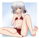  bell_zephyr bikini feet flat_chest night_wizard non-web_source orange_eyes short_hair silver_hair solo spread_legs swimsuit 