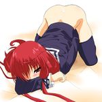  ahoge bent_over blush bottomless hair_over_one_eye hair_ribbon himuro_akari long_hair masturbation night_wizard no_panties red_eyes red_hair ribbon solo spread_legs sweat thighhighs top-down_bottom-up ubox 